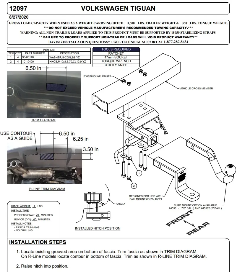 CURT 12097 2010 Volkswagen Tiguan Trailer Hitch installation Instructions