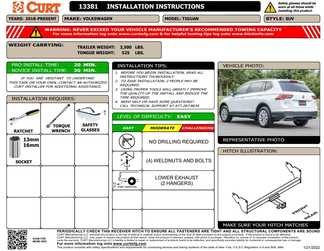 CURT 13381 2019 Volkswagen Tiguan Installation Sheet