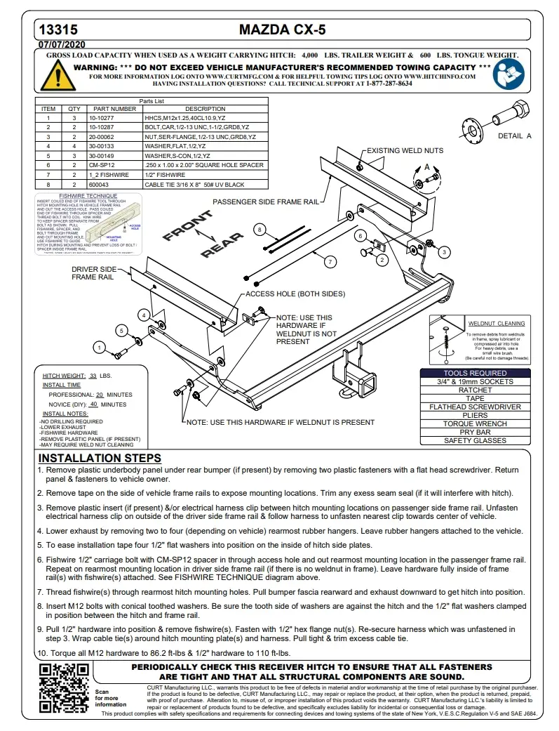 CURT 13315 Hitch Installation Instructions Mazda CX 5
