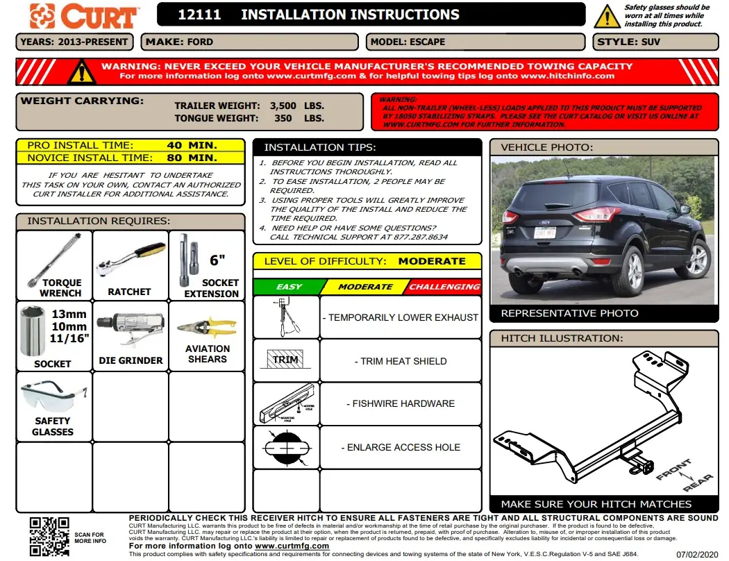 Ford Escape 2017 trailer hitch Installation Sheet CURT 12111