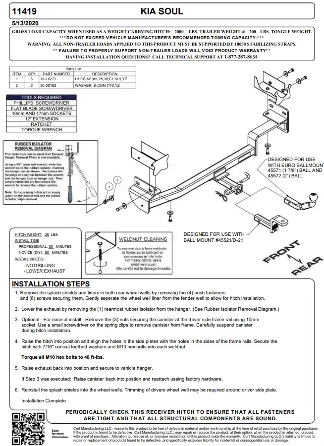 CURT 11419 Kia Soul Hitch Installation Instructions