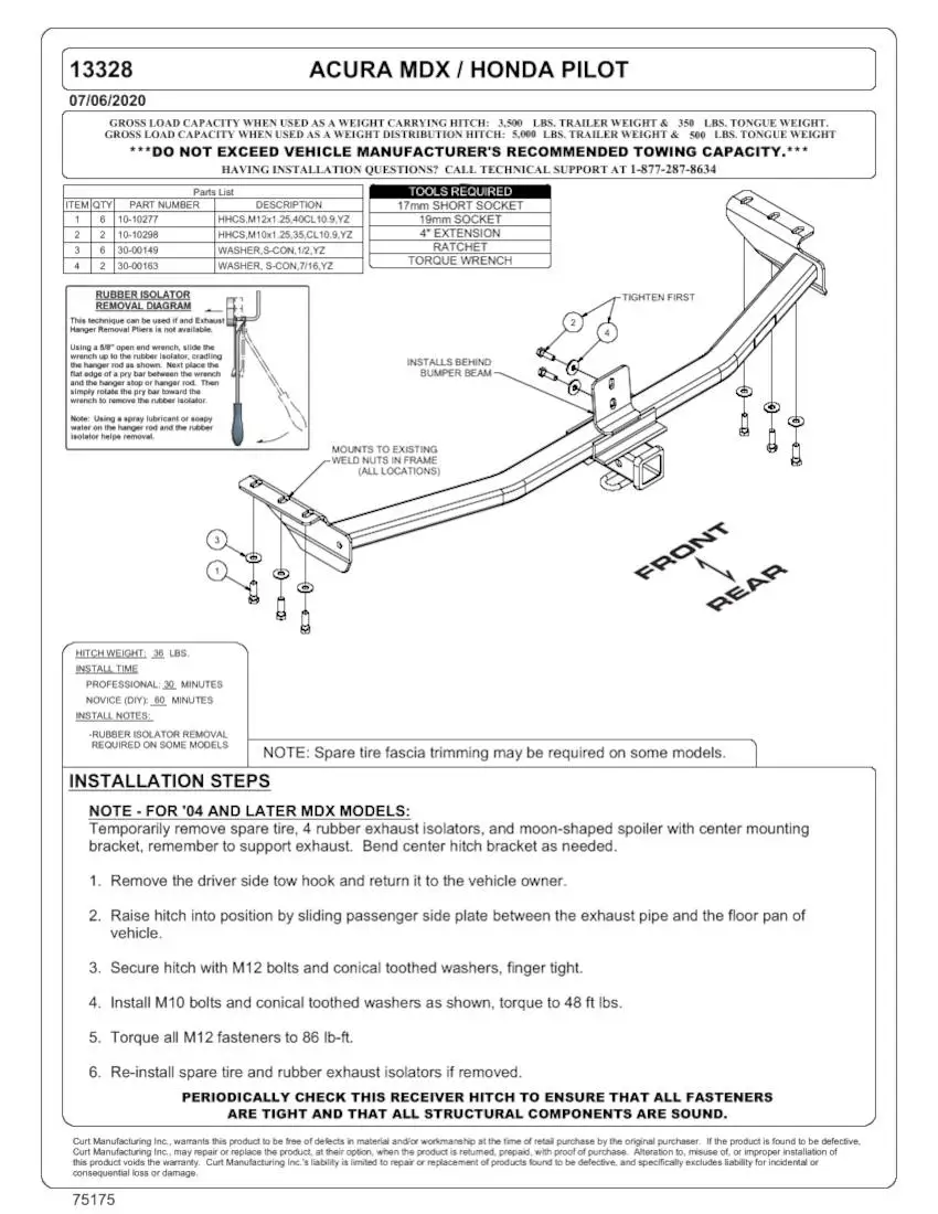 13328 CURT Hitch Installation Manual Honda Pilot