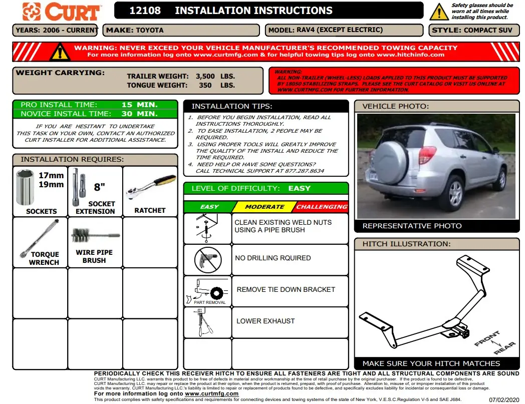 2010 Toyota RAV 4 trailer hitch Installation Sheet