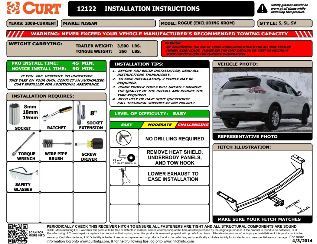 2017 Nissan Rogue towing hitch installation instructions CURT 12122