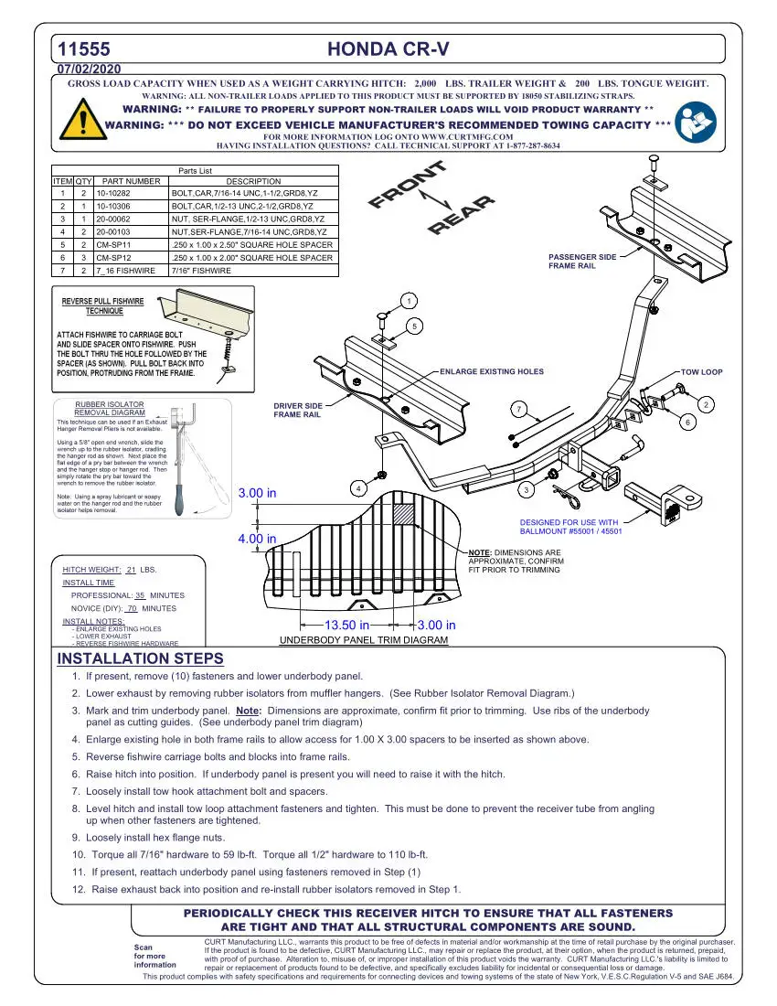 CURT Honda CR-V Hitch Instructions 11555