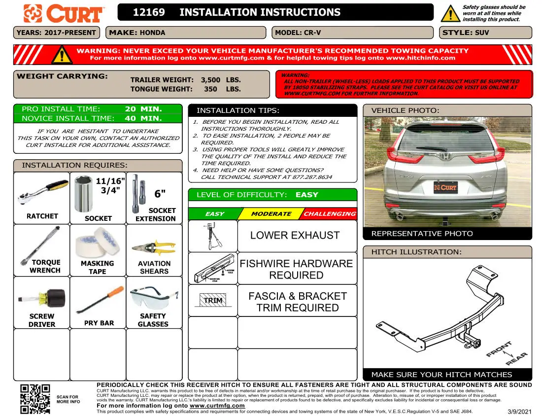 Honda CR-V CURT Hitch 12169 Installation Sheet