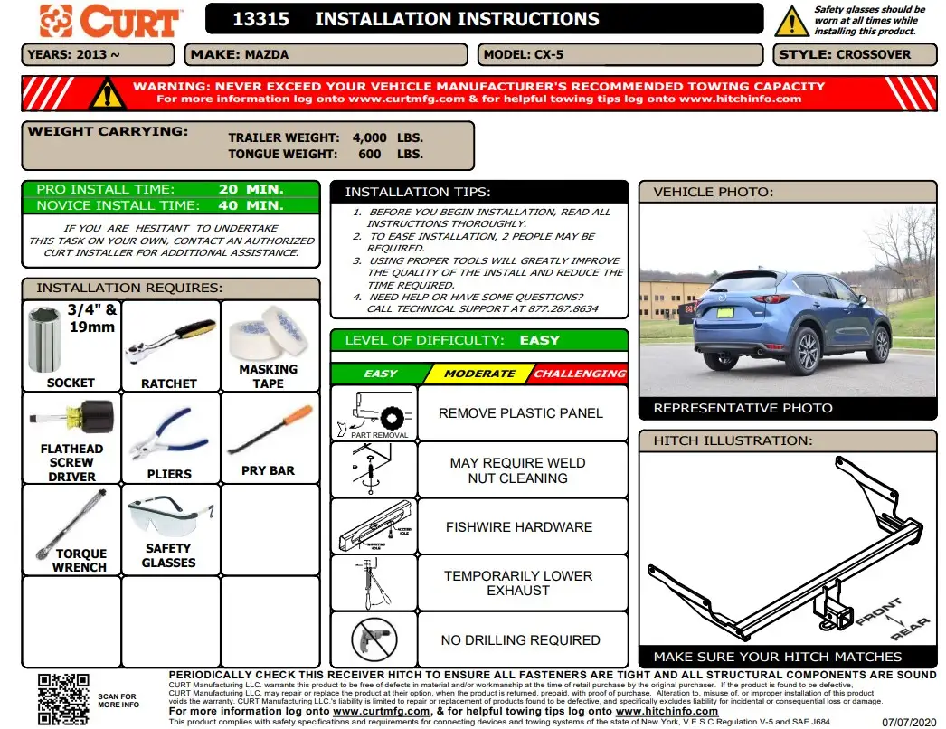 Mazda VX 5 2016 trailer hitch Installation Sheet CURT 13315