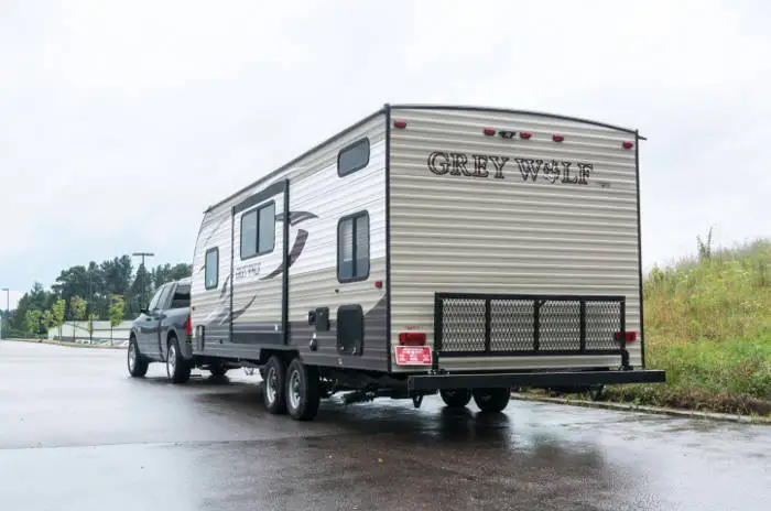 Pickup Truck Towing Large Travel Trailer